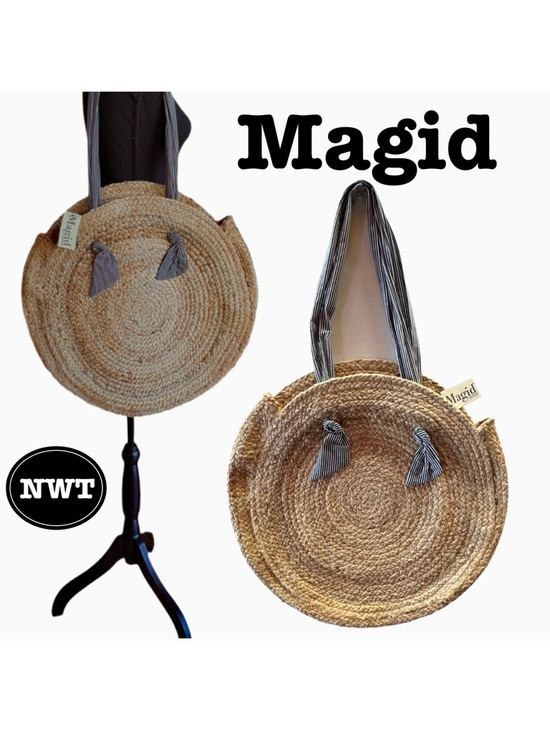 Magid Handbags - Magid Natural Jute Circle Tote Bag Black White Striped Fabric Handle NWT